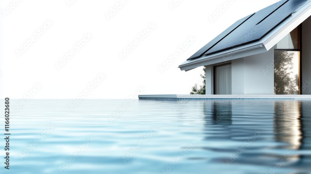 Obraz premium An elegant house boasting an infinity pool that seamlessly blends with the horizon, outfitted with solar panels, offering luxury and sustainability in one stunning package.