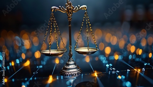 scales of justice, A digital scale unevenly weighted by biased algorithms and data, with certain groups depicted as heavier ,illustrating the skewed influence of algorithmic bias in decision-making photo