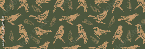 Pattern of golden silhouettes of wild forest birds and fir branches on green. Songbirds, tit, grosbeak, goldfinch and oriole. Gold fabric engraving of nature motifs. Seamless vector background.