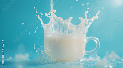 Milk in glass with splash. White dairy drink in transparent cup isolated on blue background. Vector realistic set of glass full of fresh liquid cream, milkshake or yogurt photo