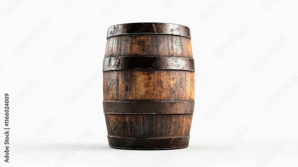 Weathered wooden barrel with metal hoops, standing upright on a white background Weathered wooden barrel with metal hoops, standing upright on a white background