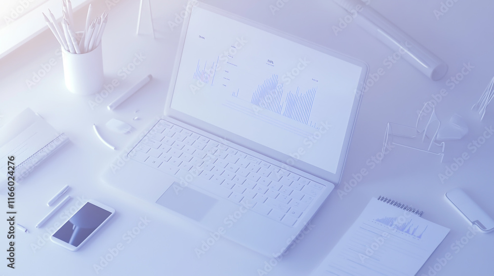 Modern Laptop with Graphs and Office Supplies Modern Laptop with Graphs and Office Supplies