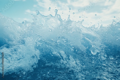 Ocean wave splash with blue water and sky.