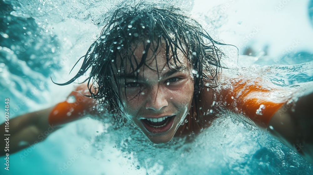 A jubilant image of a surfer underwater, surrounded by splashing waves, exuding excitement and joy while depicting the thrill of ocean sports and the beauty of nature's elements. A jubilant image of a surfer underwater, surrounded by splashing waves, exuding excitement and joy while depicting the thrill of ocean sports and the beauty of nature's elements.