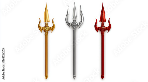 Gold, silver trident, devil pitchfork isolated on white background. Vector realistic set of mythology weapon of greek god Poseidon, Triton or Neptune. Demon tridental spear photo