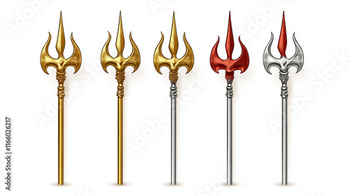 Gold, silver trident, devil pitchfork isolated on white background. Vector realistic set of mythology weapon of greek god Poseidon, Triton or Neptune. Demon tridental spear photo