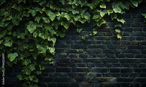 Lush green ivy climbing a dark brick wall.