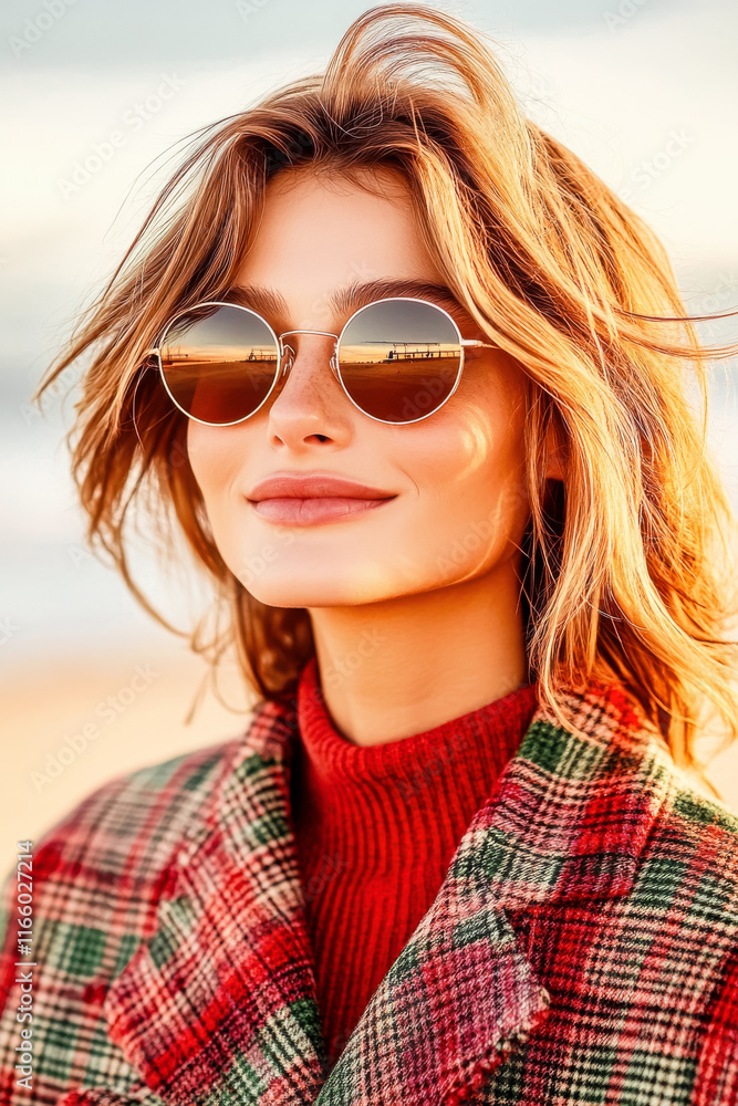 Portrait of smiling beautiful blonde in sunglasses and checkered coat posing on beach background enjoying warm spring sun, seasonal fashion concept Portrait of smiling beautiful blonde in sunglasses and checkered coat posing on beach background enjoying warm spring sun, seasonal fashion concept