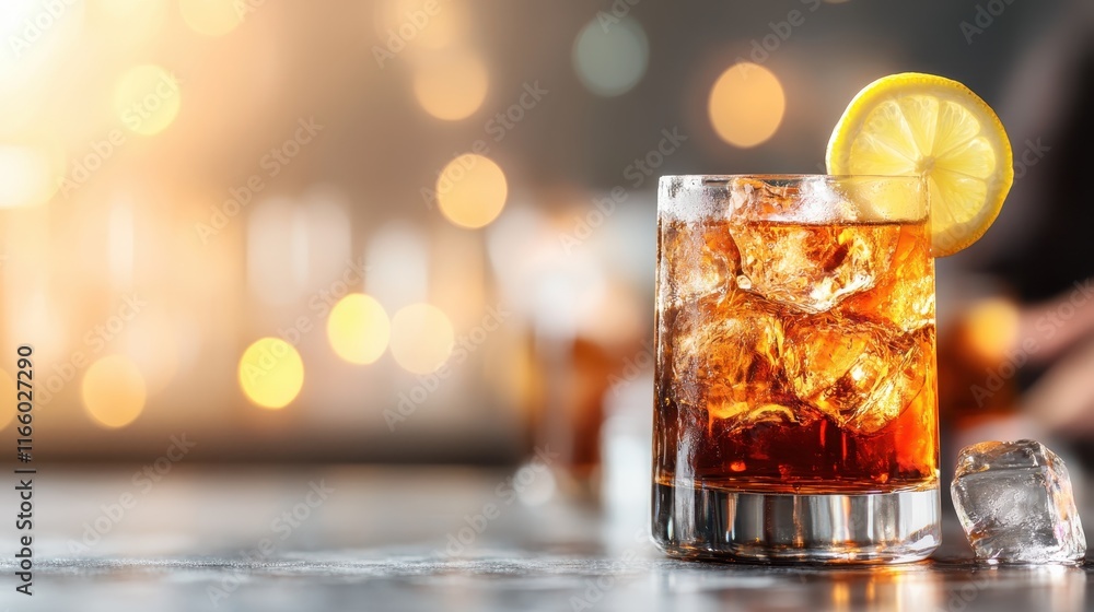 A cocktail glass filled with ice and adorned with a lemon slice stands against a stunning bokeh background, evoking feelings of celebration and enjoyment. A cocktail glass filled with ice and adorned with a lemon slice stands against a stunning bokeh background, evoking feelings of celebration and enjoyment.