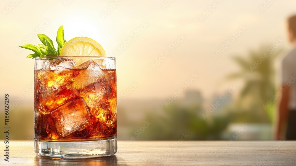 A charming drink garnished with fresh basil and lemon sits elegantly against a sunset backdrop, suggesting relaxation and enjoyment during a perfect evening.