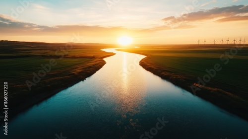 A stunning sunset landscape features a river flowing through serene fields, with the sun casting a golden hue, embodying the beauty of nature and tranquility. photo