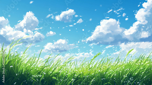 Realistic green grass under blue sky. Vector illustration of fresh herbs growing in field with morning dew drops sparkling in sun and peaceful skyline with white clouds. Beautiful nature background