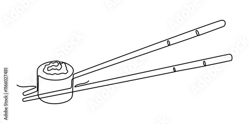 One line  Drawing or illustration of chopsticks holding a piece of sushi, Continuous Line Drawing of Sushi Icon. Hand Drawn Symbol Vector Illustration, Continuous one line drawing of chopsticks hold. 