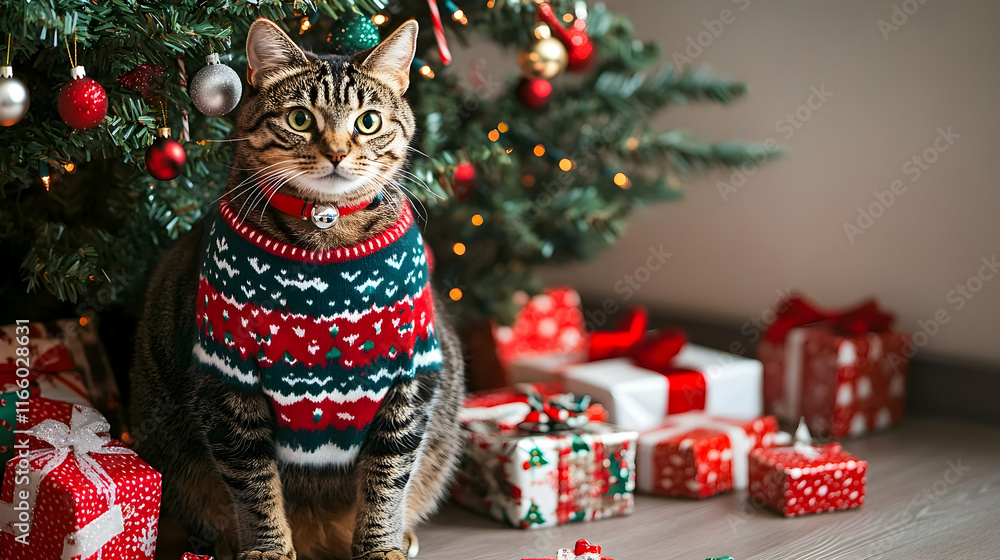 A tabby cat in a Christmas sweater sitting beside a decorated tree with presents scattered around A tabby cat in a Christmas sweater sitting beside a decorated tree with presents scattered around