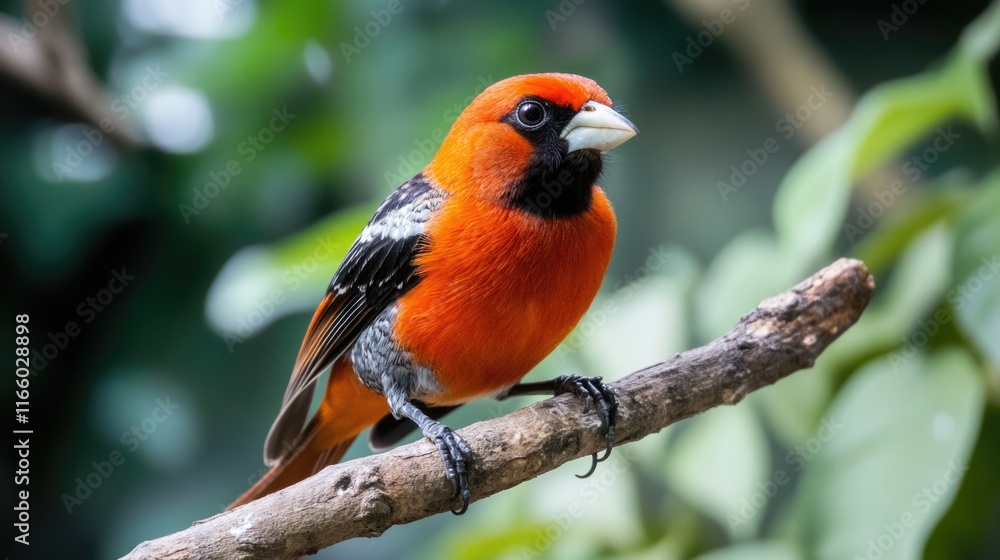 A small bird with bright orange and black plumage perched on a branch A small bird with bright orange and black plumage perched on a branch