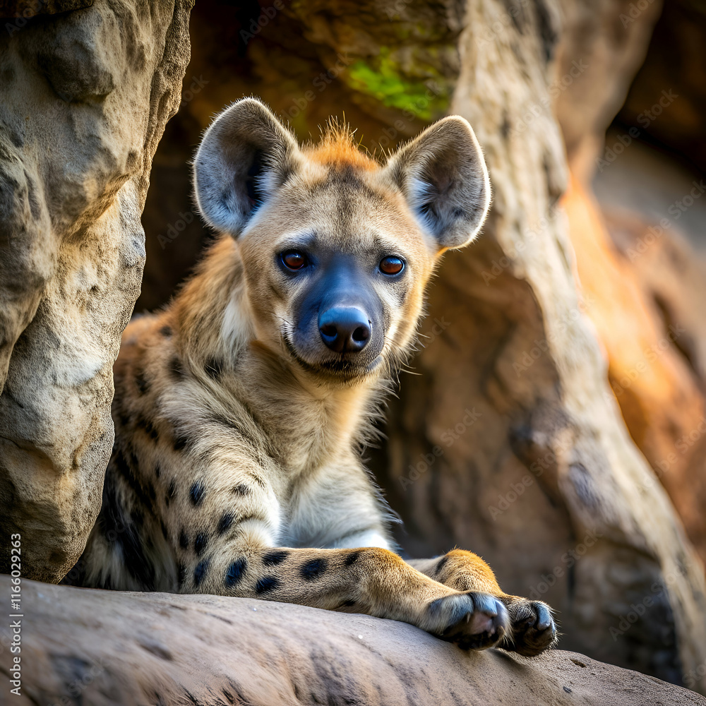 Attentive Hyena resting in a rocky cave. Attentive Hyena resting in a rocky cave.
