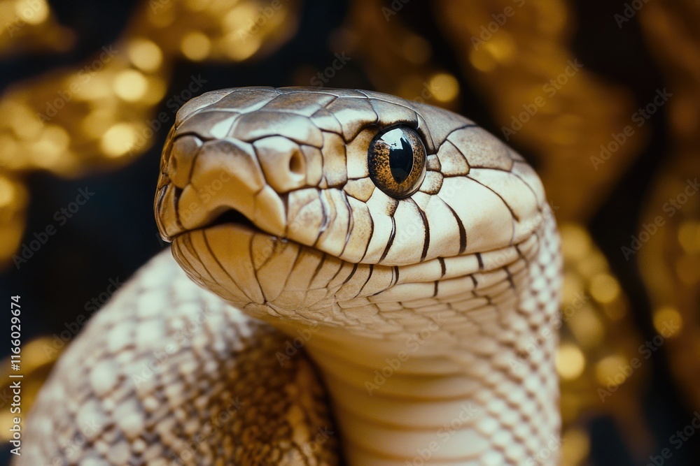 A close-up shot of a snake's head with gold coins in the background, suitable for illustrations and designs A close-up shot of a snake's head with gold coins in the background, suitable for illustrations and designs