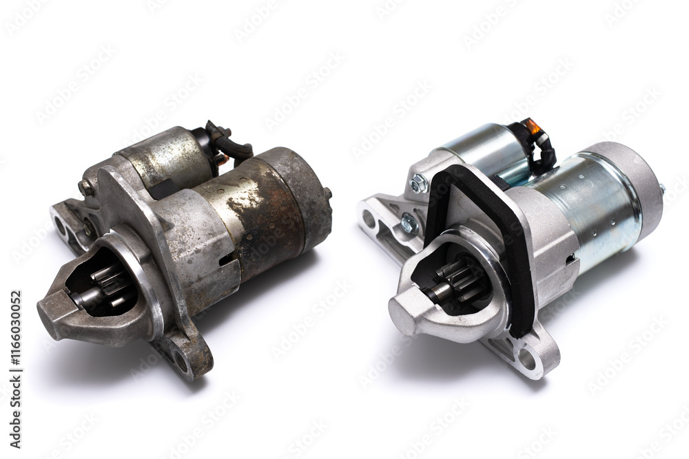 Old used and new automobile starters on white background comparison Old used and new automobile starters on white background comparison