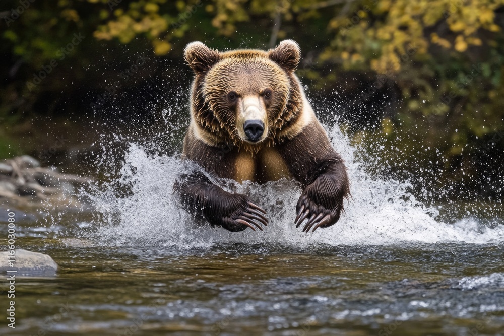 Obraz premium A brown bear plays in the river, splashing water with its paws
