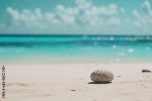 A rock sits atop a sandy beach, with calm ocean waves in the background #1166030059