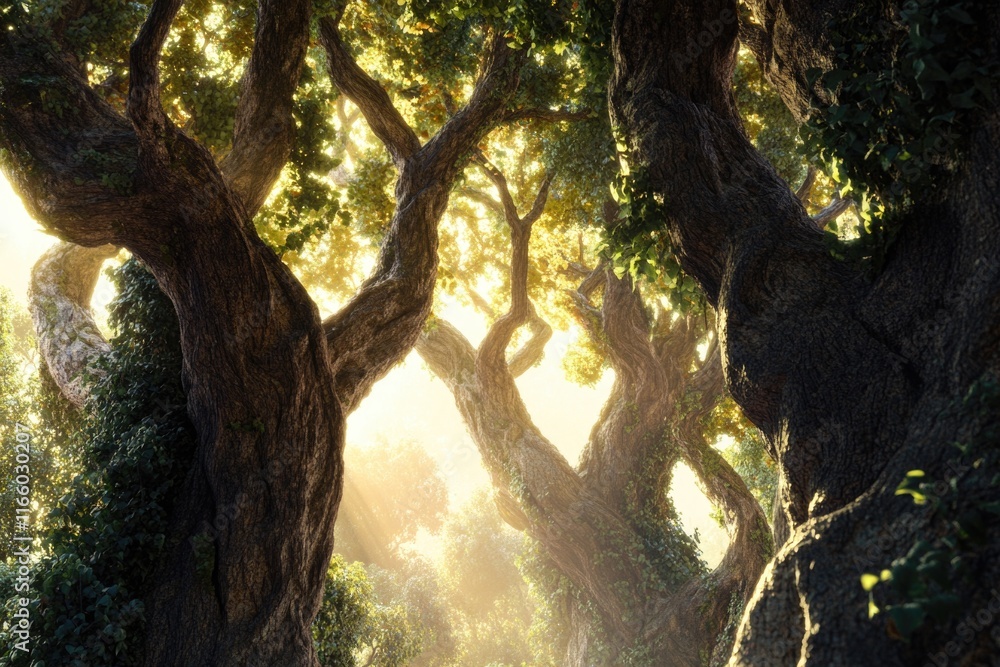 Trees illuminated by sunlight in a forest setting Trees illuminated by sunlight in a forest setting