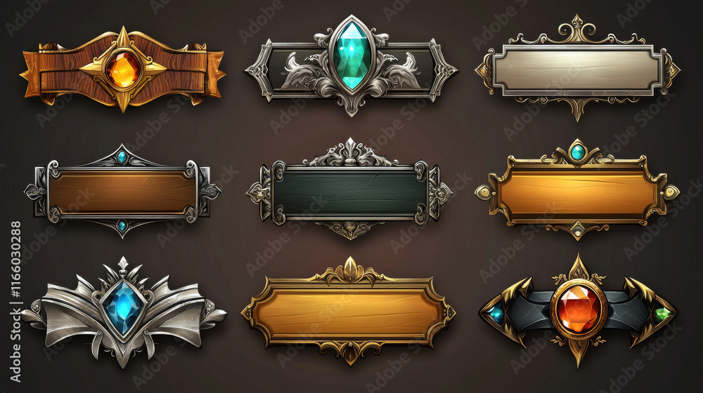 Medieval game rank frames set isolated on background. Vector cartoon illustration of vintage silver and wooden borders with shiny surface and gem stone decoration, royal title nameplate template Medieval game rank frames set isolated on background. Vector cartoon illustration of vintage silver and wooden borders with shiny surface and gem stone decoration, royal title nameplate template