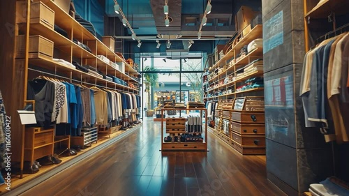 A sleek and stylish retail space showcases a curated collection of men's apparel, with warm wooden shelving and flooring creating a sophisticated ambiance.