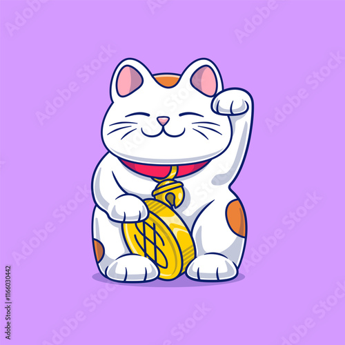 Maneki neko. Japanese beckoning cat. Cartoon vector icon