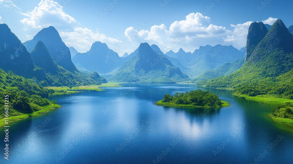 Fototapeta premium Serene lake nestled among majestic karst mountains under a vibrant blue sky.