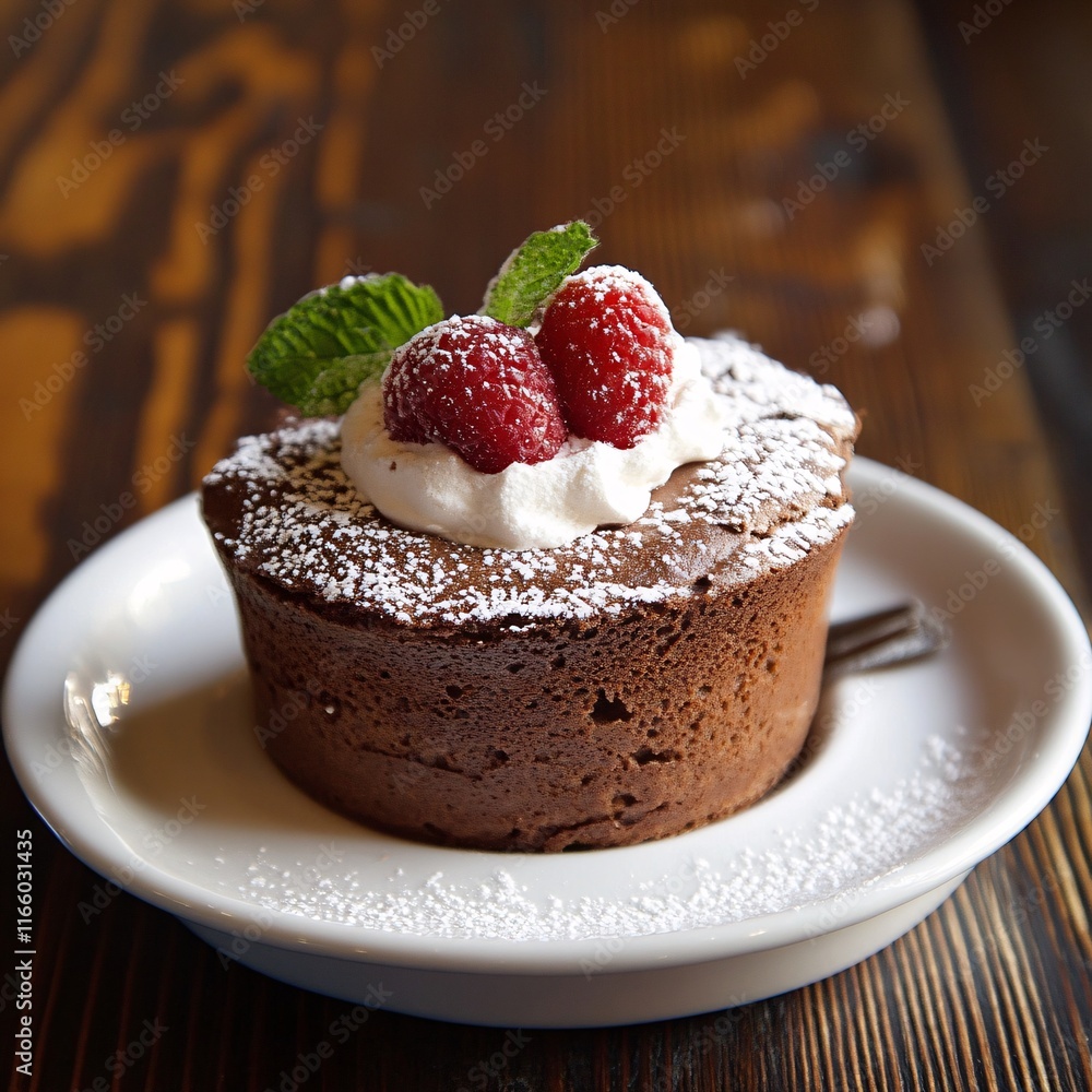Indulgent chocolate souffle topped with raspberries and whipped cream served on a wooden table Indulgent chocolate souffle topped with raspberries and whipped cream served on a wooden table