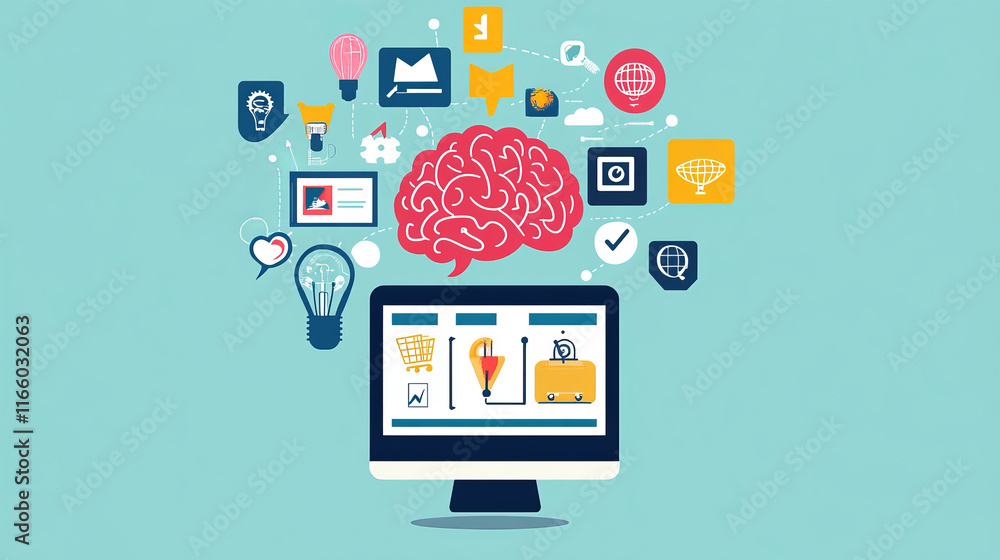 Neuromarketing concept with women research brain with computer and icons of target, idea and megaphone. Marketing strategy with neuroscience knowledge, vector contemporary illustration Neuromarketing concept with women research brain with computer and icons of target, idea and megaphone. Marketing strategy with neuroscience knowledge, vector contemporary illustration