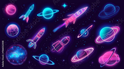 Fototapeta Naklejka Na Ścianę i Meble -  Cartoon space elements set with neon glow effect - alien planets and meteor stones, spaceship rocket and ufo, cosmos satellite and telescope on dark starry sky background. Vector set of cosmic icons.