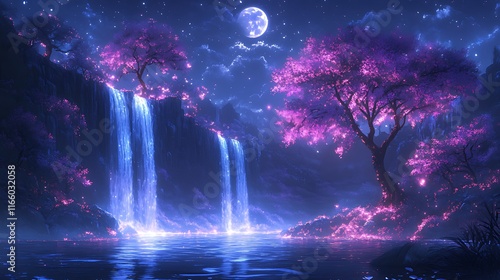 Wallpaper Mural Ethereal night scene with waterfalls cascading down a cliff, illuminated by moonlight, surrounded by glowing pink trees and flowers. Torontodigital.ca