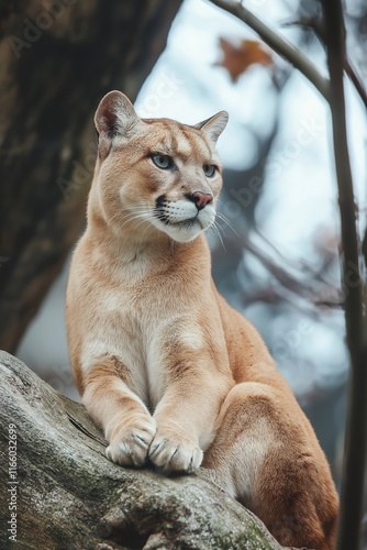 A striking cat sits elegantly atop a tree branch, exuding confidence.