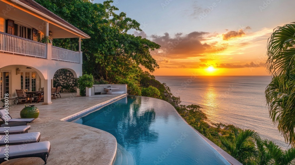 Fototapeta premium A breathtaking beachfront villa with a pool overlooking the ocean at sunset. 