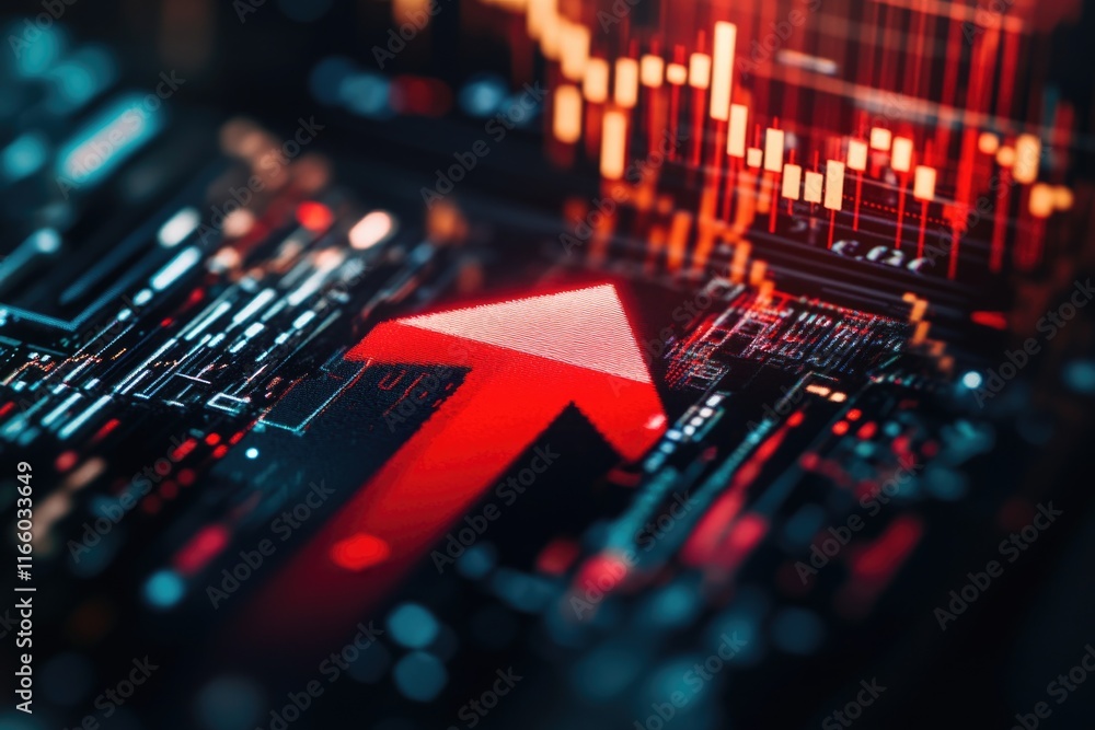 A detailed view of a red arrow component on a printed circuit board A detailed view of a red arrow component on a printed circuit board
