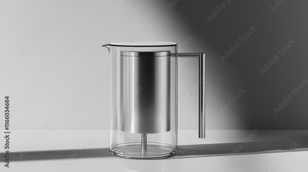 A sleek glass and metal French press for brewing coffee. A sleek glass and metal French press for brewing coffee.