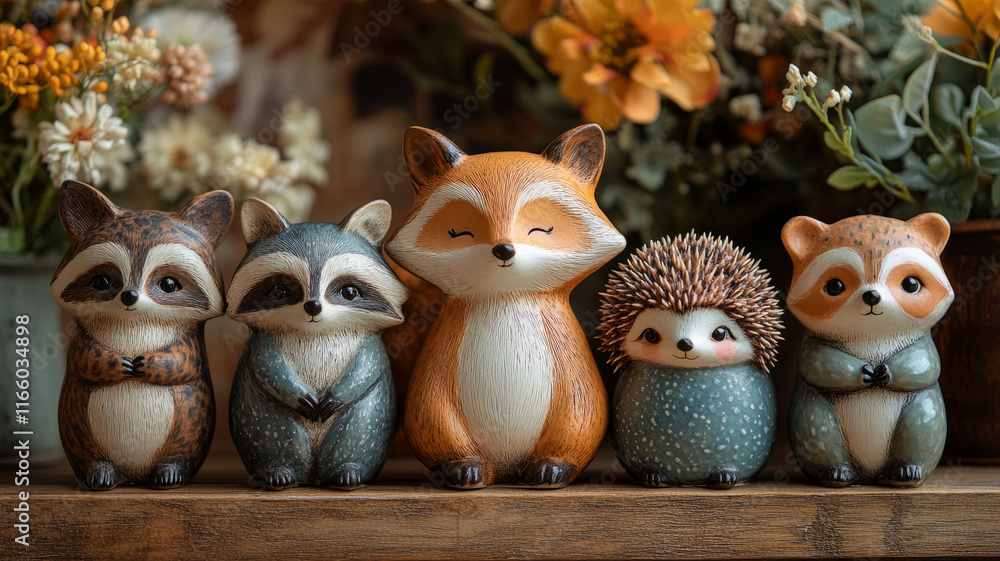 Obraz premium Whimsical animal figurines on a shelf with flowers.