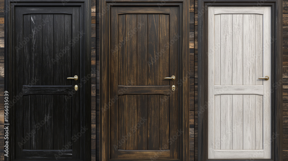 Wooden doors set isolated on transparent background. Vector realistic illustration of modern doorway with black, brown, white wood texture, golden and silver metal doorknob, interior design element Wooden doors set isolated on transparent background. Vector realistic illustration of modern doorway with black, brown, white wood texture, golden and silver metal doorknob, interior design element