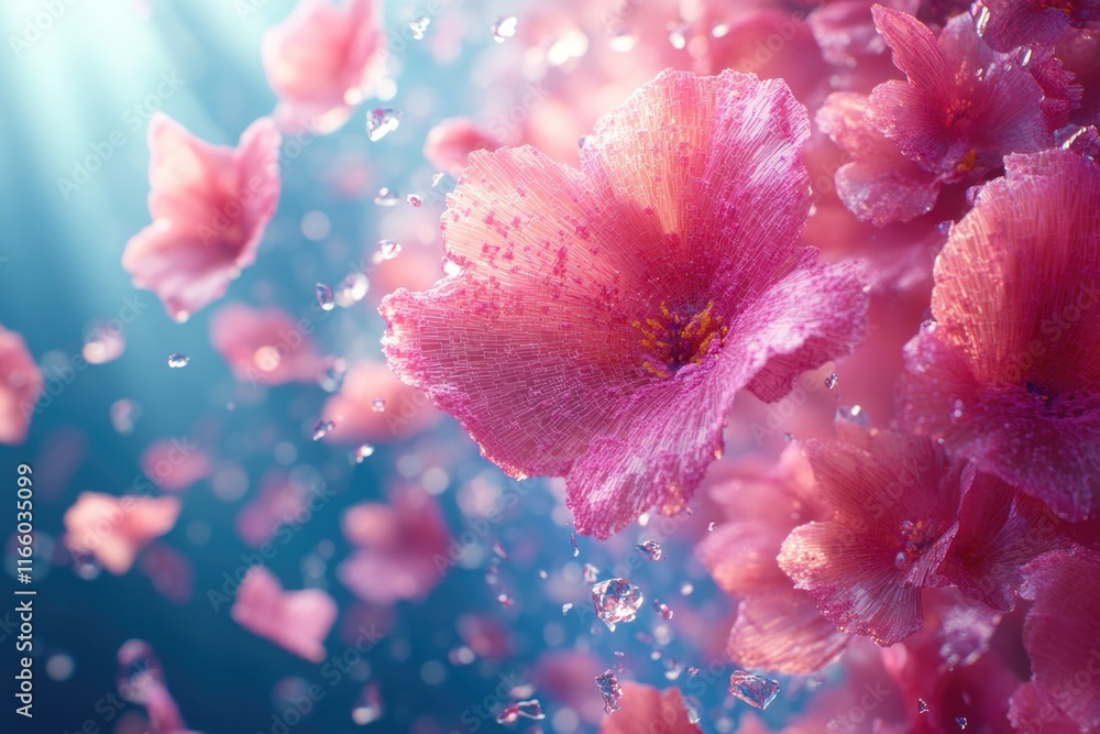 A cluster of pink flowers floating on the surface of calm water A cluster of pink flowers floating on the surface of calm water