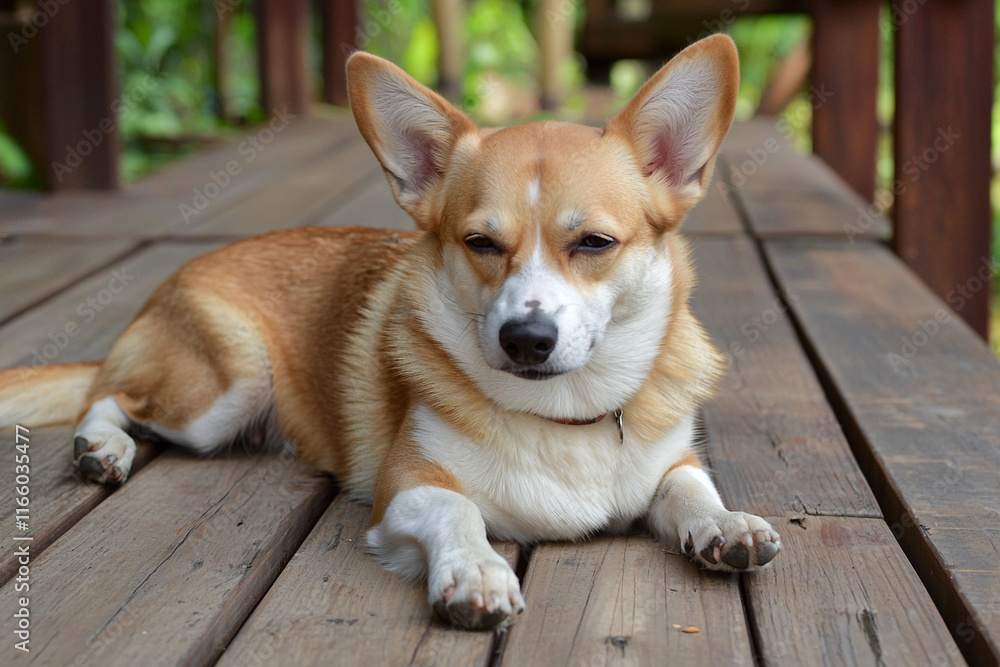 Dog relaxing on wooden floor in a cozy setting Dog relaxing on wooden floor in a cozy setting