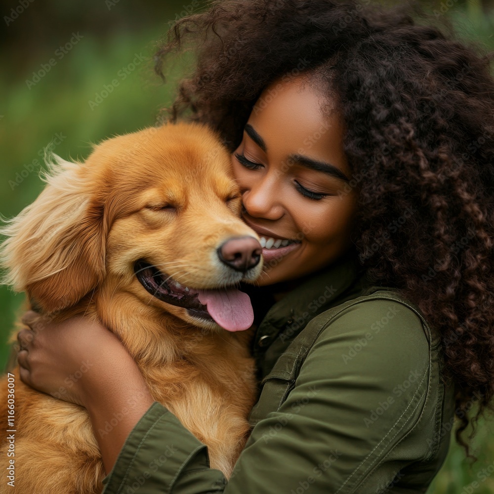 African American young woman embracing her dog African American young woman embracing her dog