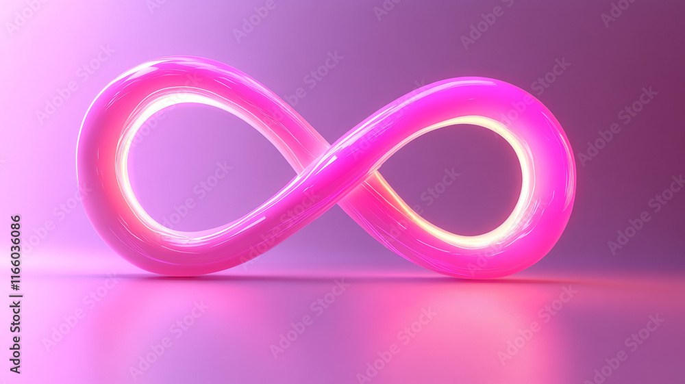 Pink glowing infinity symbol in a 3D design. Pink glowing infinity symbol in a 3D design.