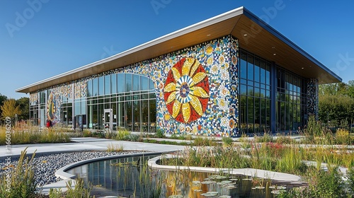 A community arts center featuring a mosaic recycled fiber cement siding pieces, showcasing community involvement and sustainable  photo