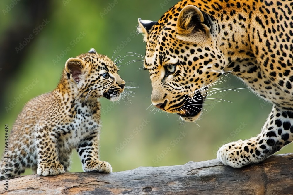 A mother leopard sitting with her cub on a log, nature scene A mother leopard sitting with her cub on a log, nature scene