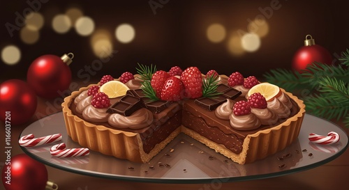 National Hot Chocolate Day. Chocolate tart with cream topping, chocolate shavings, festive holiday