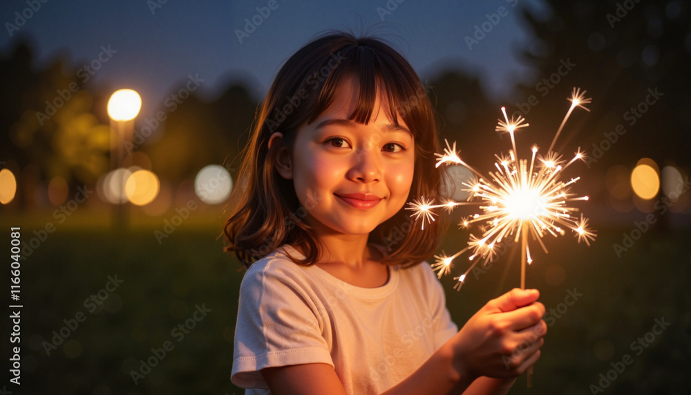 Smiling girl holding a sparkler in a park at night Smiling girl holding a sparkler in a park at night