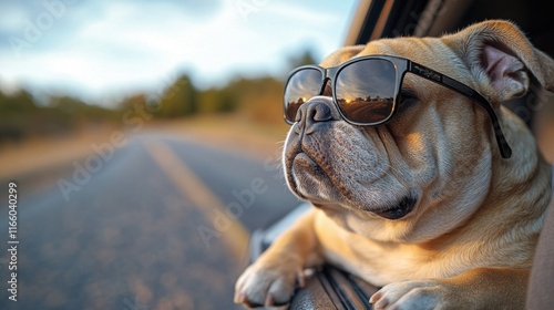 A dog sitting in the car window with sunglasses on, looking outside photo