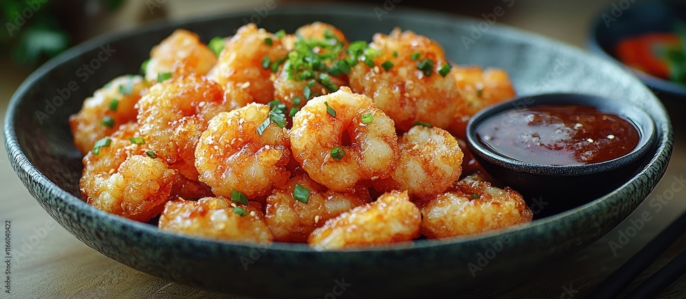 Plate of shrimp with sauce and garnishes.