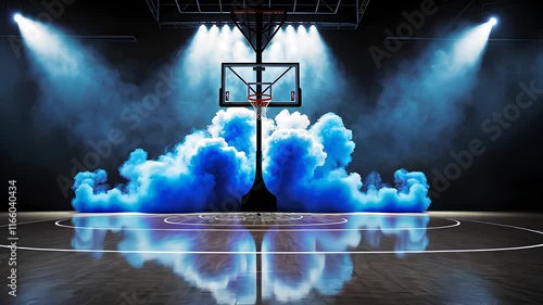 Basketball Court with Blue Smoke Effect, Illuminated by Spotlights, Creating a Dramatic and Energetic Atmosphere

 photo